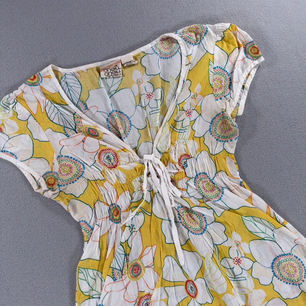 O'Neill Y2K Floral Empire Waist Tie Front Top Size M Yellow Cotton